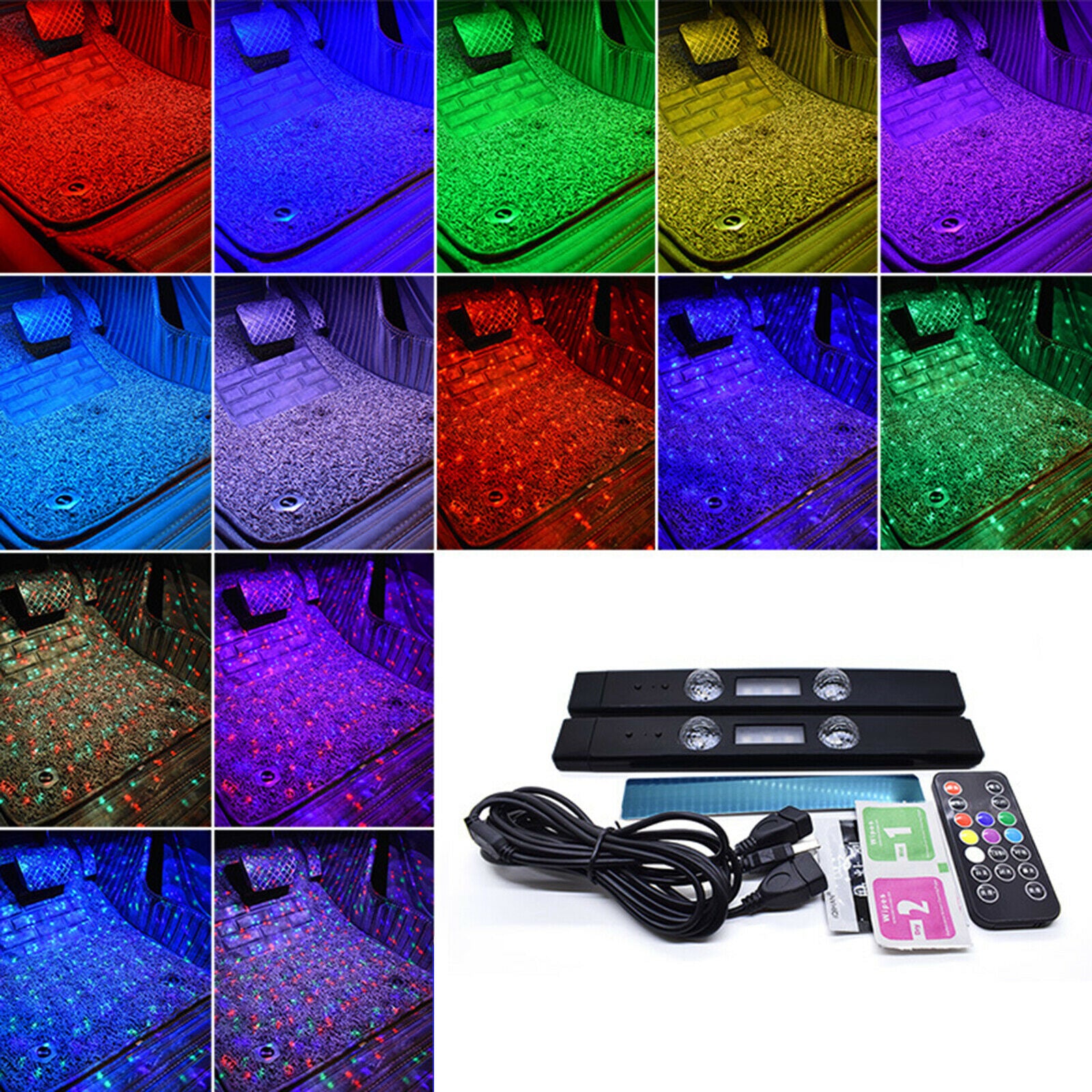 Car Interior Lights 2pcs Starry LED USB Multicolor Atmosphere Lights Set