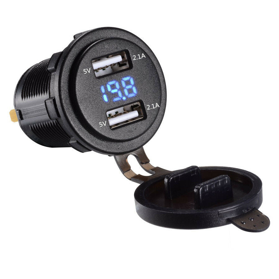 4.2A Dual USB Charger Socket with Voltmeter & Wire Waterproof for Car Motorcycle