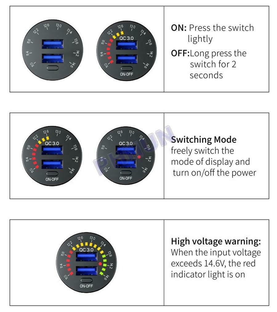 12-24V Car USB Socket Dual USB Charger LED Voltage Meter On Off Switch Universal