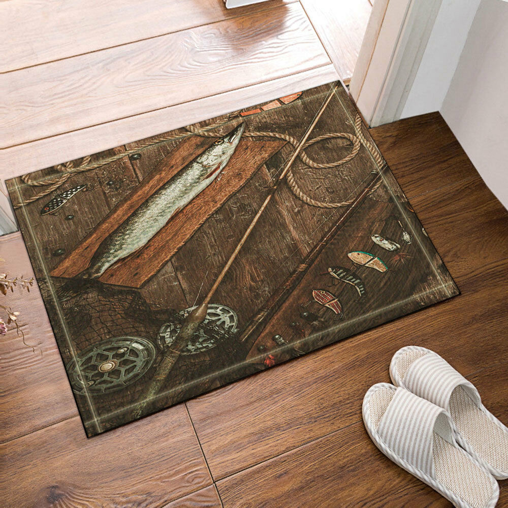 Fishing rod and fish Bathroom Rug Non-Slip Floor Door Mat Flannel 16x24"