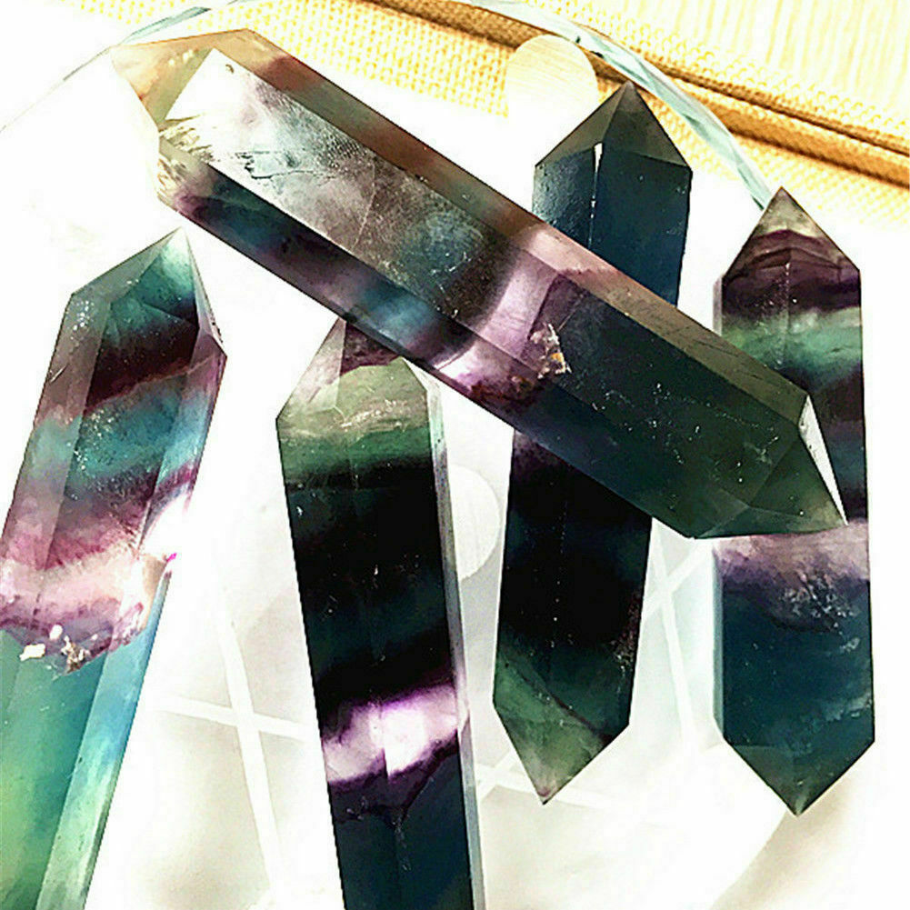 US 100% Natural Rainbow Fluorite Quartz Crystal Wand Point Healing Stone 50~60MM