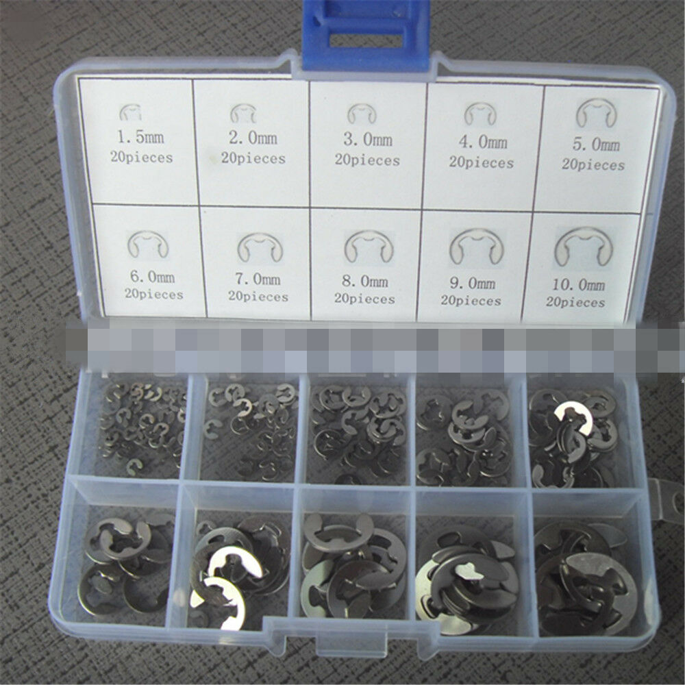 200Pcs Stainless Steel E-Clip Assortment Kit 1.5 2 3 4 5 6 7 8 9 10 mm Circlip