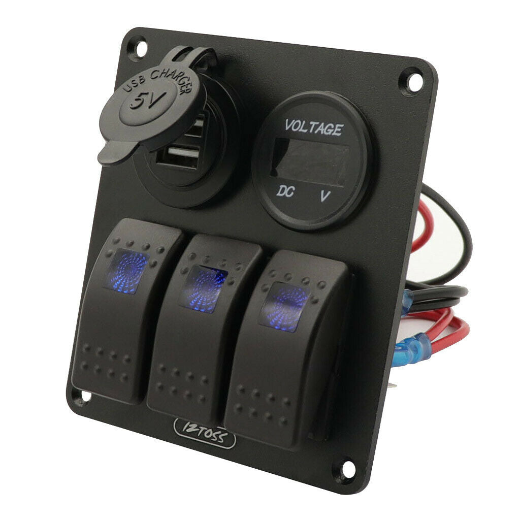 3 Gang Switch Panel with LED Digital Voltmeter USB Charger Waterproof Blue