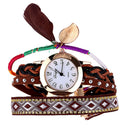 Women Dark Brown Weaving Feather Band Wristwatch Bracelet Quartz Watch