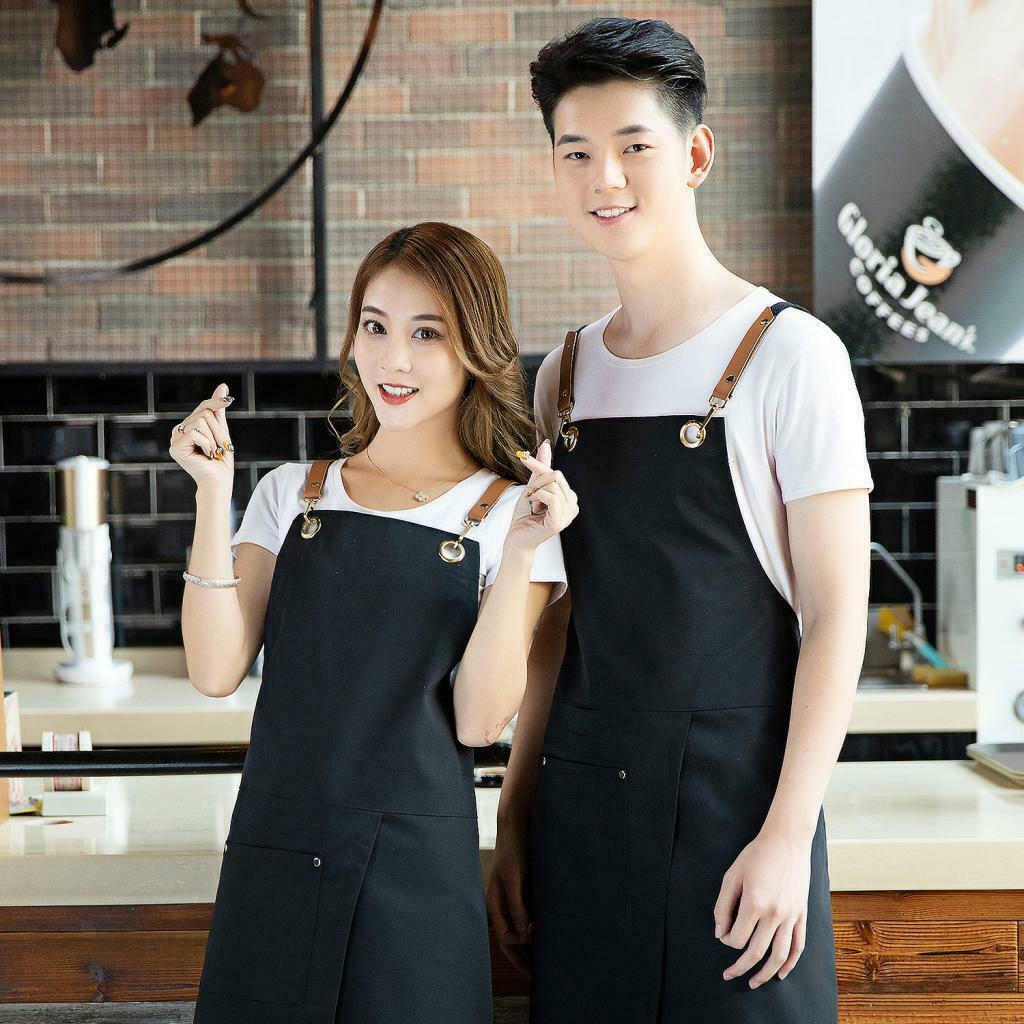 2Pcs Black Denim Apron Unisex Kitchen Bar Leather Cross Back Straps