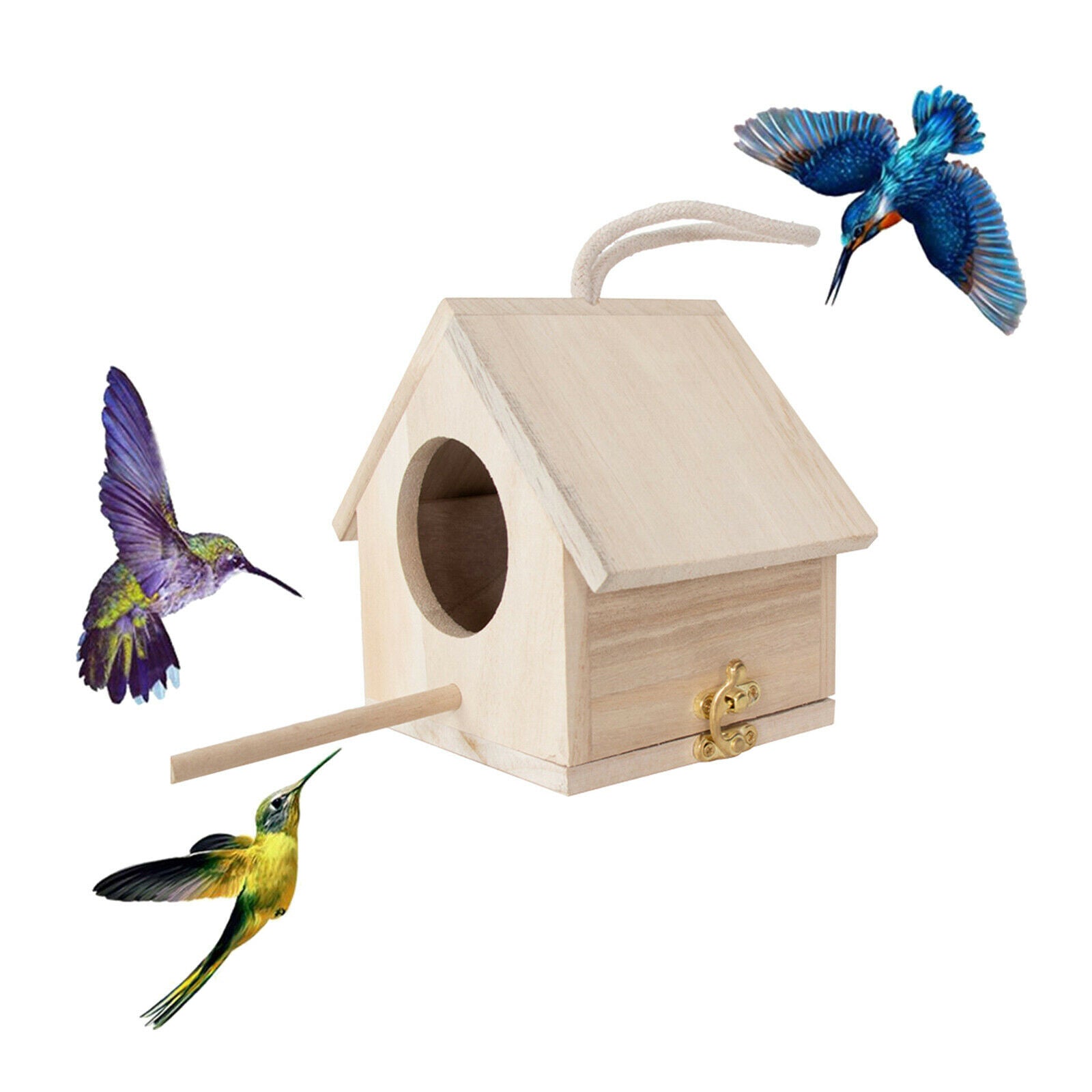 Unpainted Wooden Birdhouse with Perch Hanging Bird Cage Bird Hatching Nest