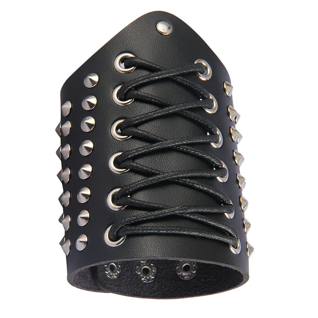 2Pcs Medieval Pu Leather Wristband Wide Bracer Gothic Arm Armor Cuff Black