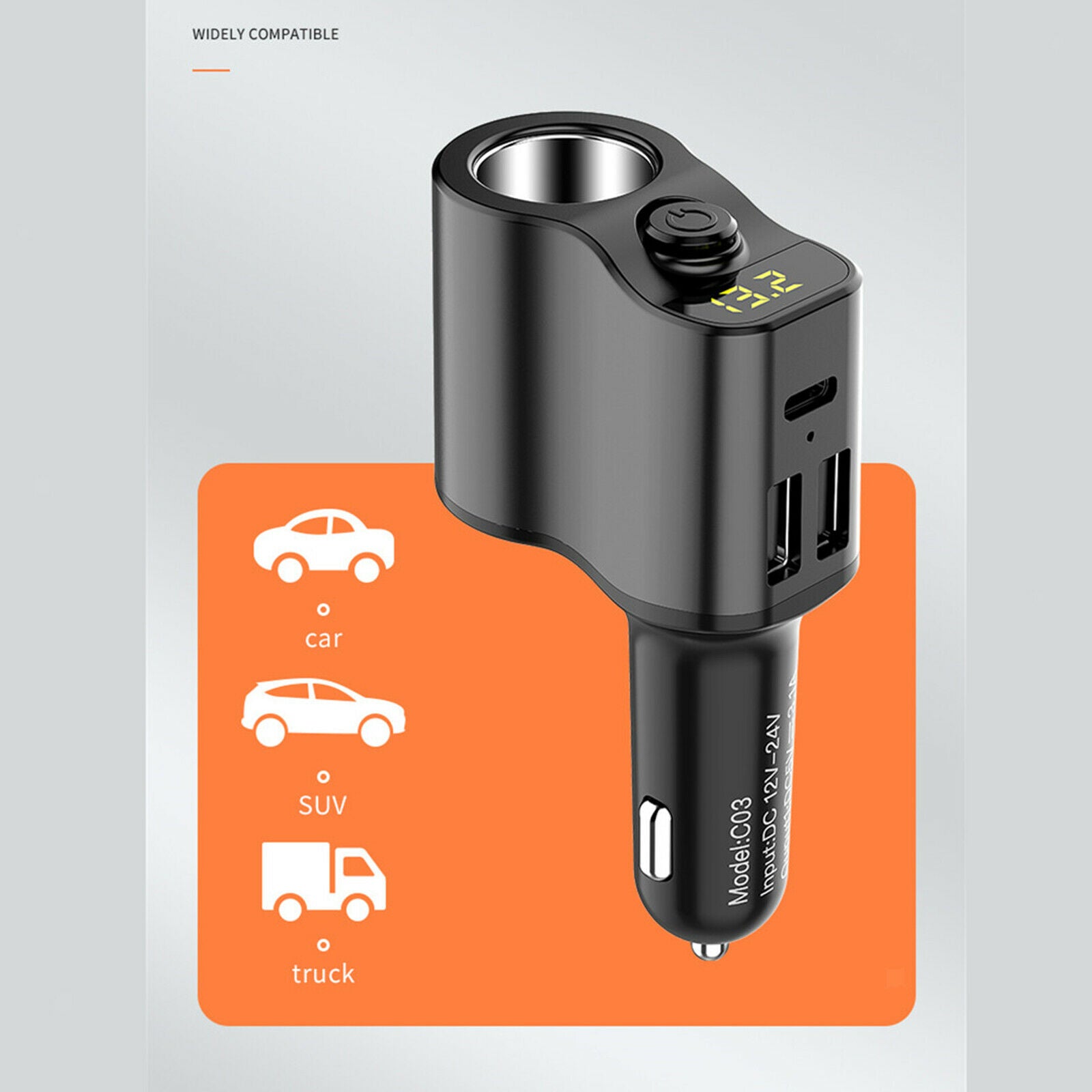 Fast Car Charger FM Transmitter Cigarette Lighter Dual USB Port Type-C Port