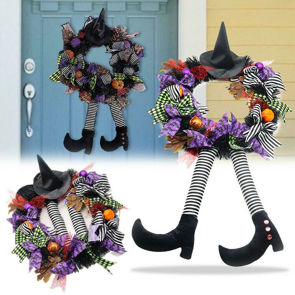 24 Inch Witch Halloween Wreath with Hat Legs Pumpkin Wreath Door Wall Decor