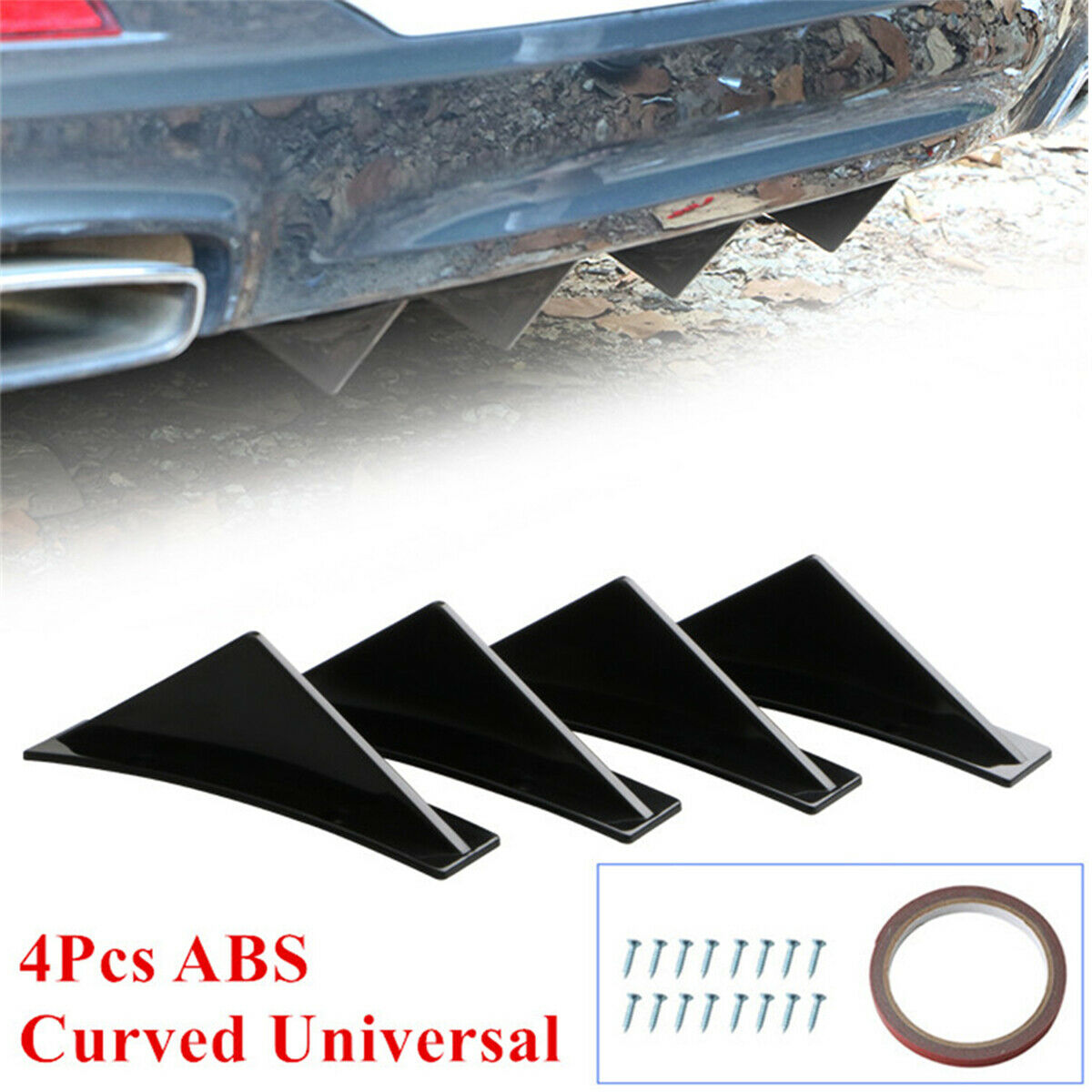 4PCS / Set Universal ABS Car Spoiler Rear Bumper Lip Shark Fin Diffuser Black
