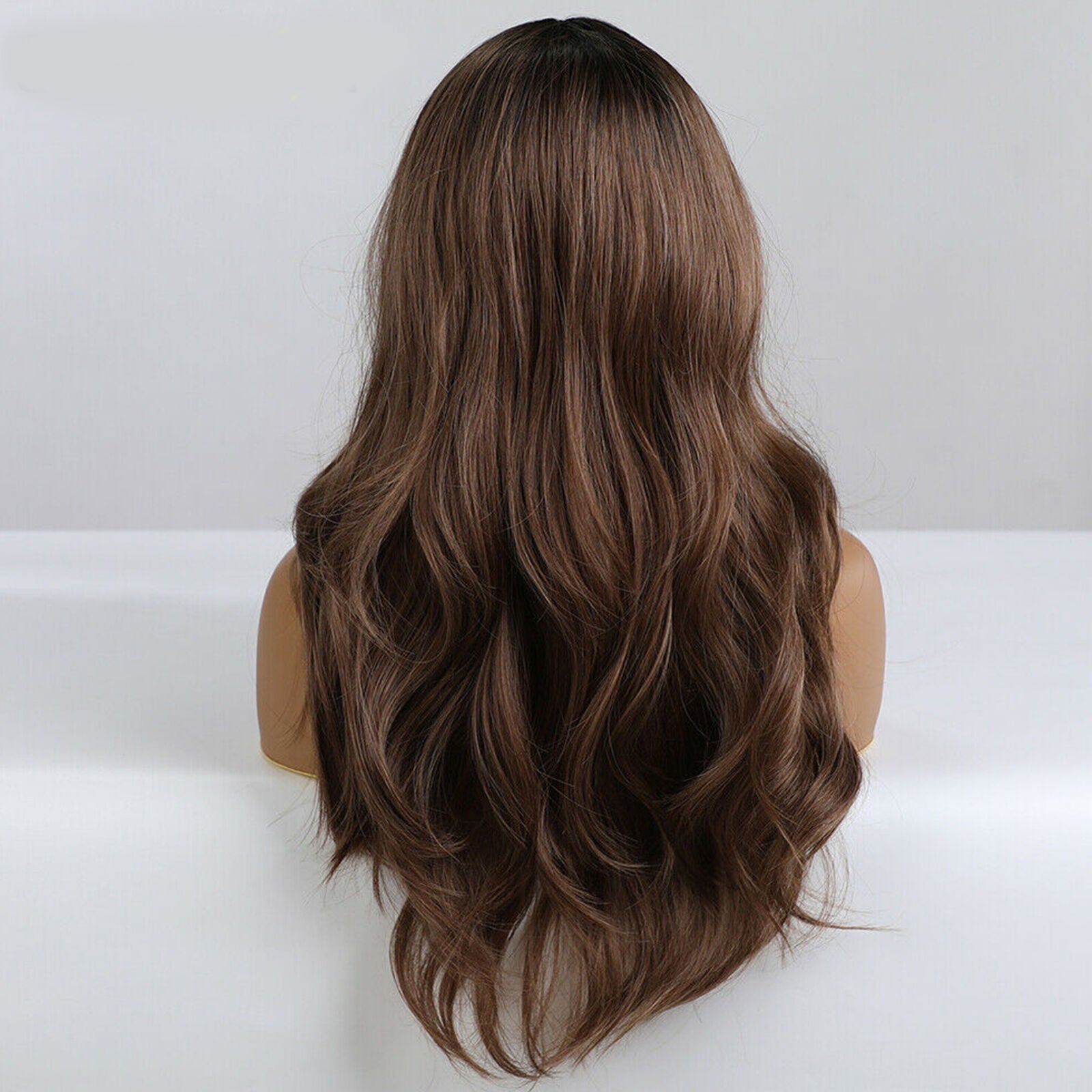 Natural Wavy Hair Wigs with Long Bangs for Women Daily Ombre Dark Brown 24 In