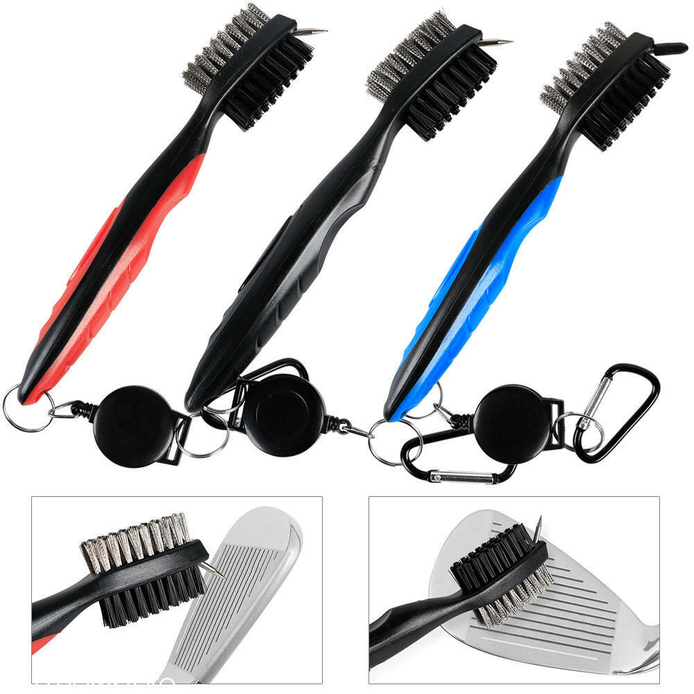 Brush Golf Club Dual Bristle Cleaning Cleaner Clip Groove Spike Retractable Reel