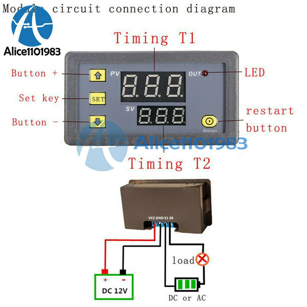DC 12V AC 110-220V LED Dual Display Cycle Timing Delay Relay Module 0-999 Hours