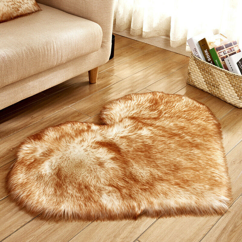 Heart Shape Shaggy Faux Sheepskin Area Rug Floor Carpet Mat White Yellow