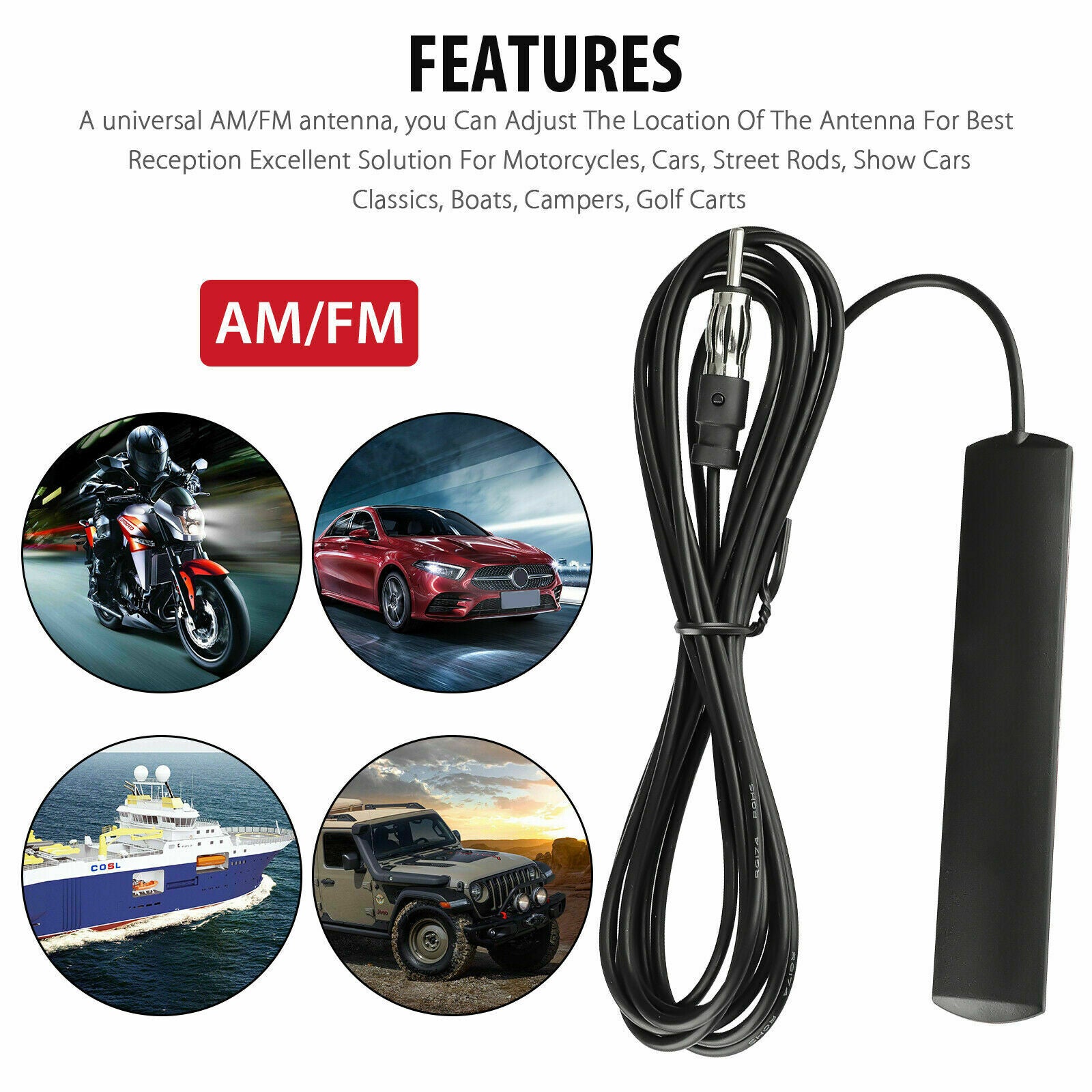 Car Radio Stereo Hidden Antenna Stealth FM AM For Vehicle Truck Motorcycle Boat