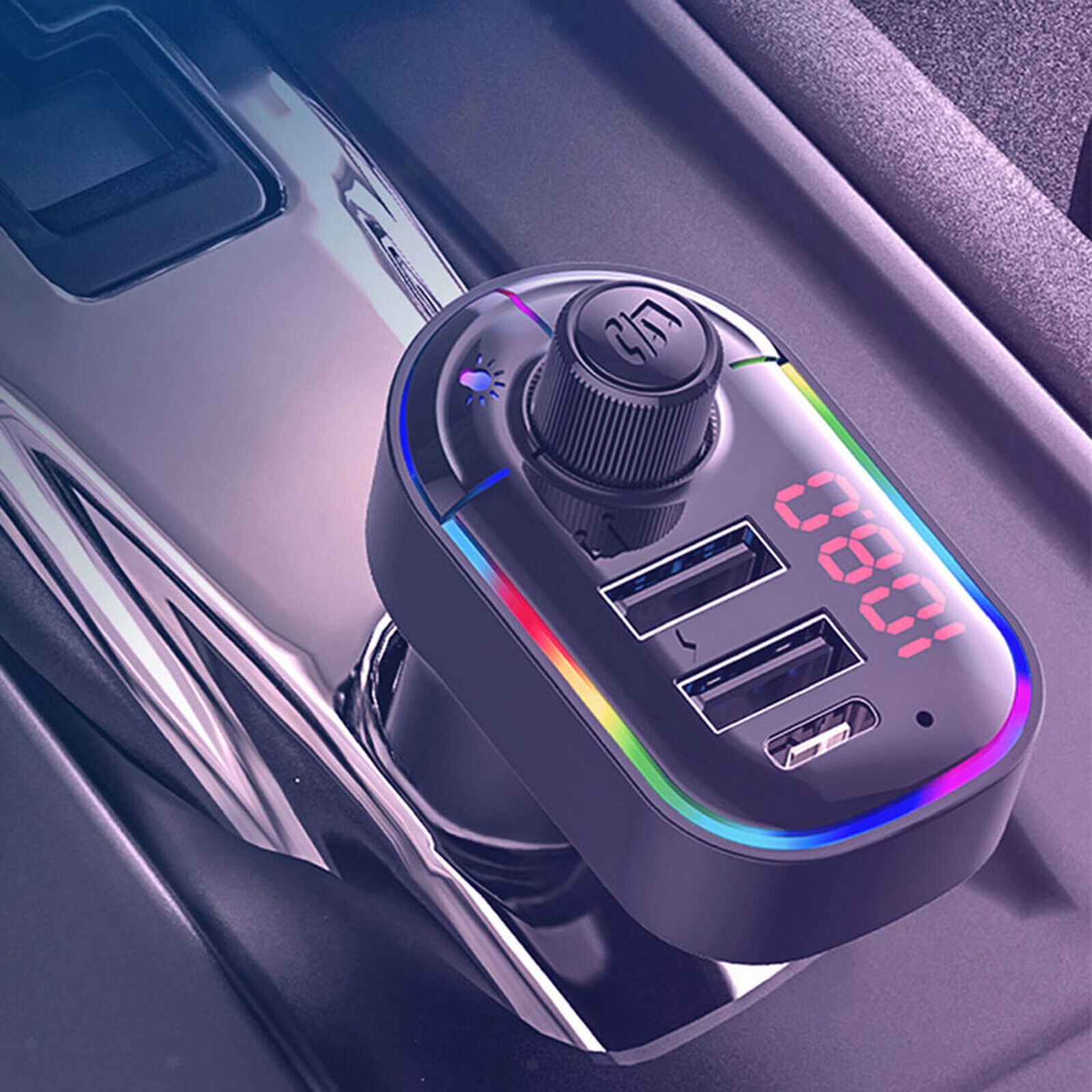 Bluetooth Fast Car Charger FM Transmitter 7 Color LED Light Dual USB Port