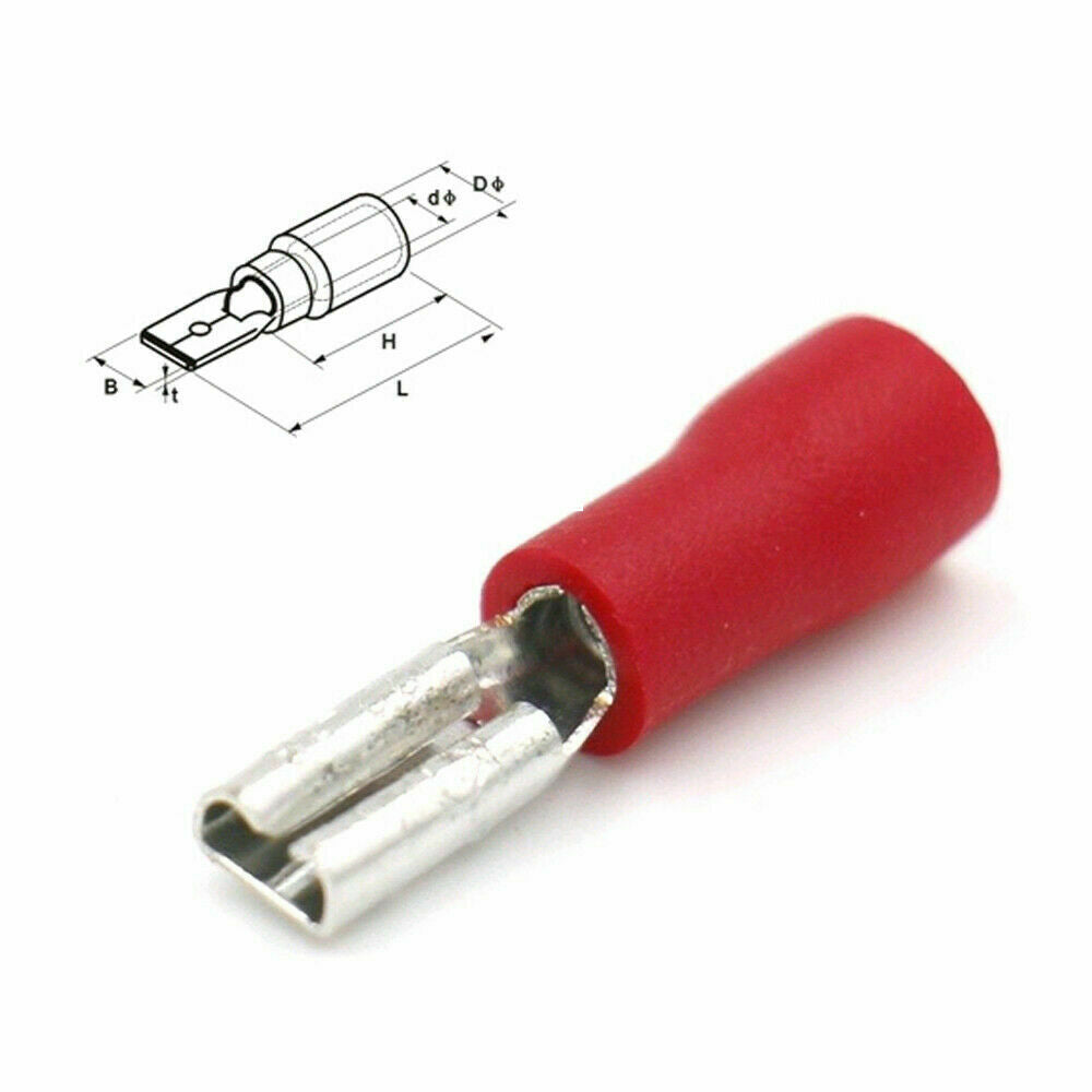 100Pcs Red FDD1.25-110  22-16 AWG Insulated Female Spade Wire Crimp Terminal