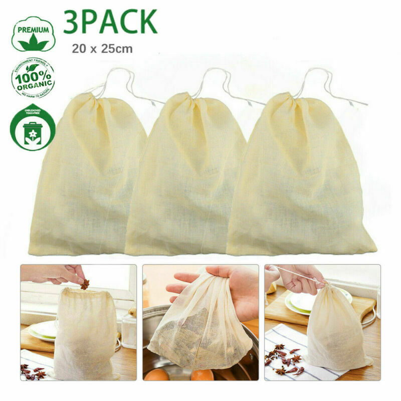 3x Organic Cotton Nut Milk Bag Reusable Food Strainer Brew Coffee Cheese Cloth !