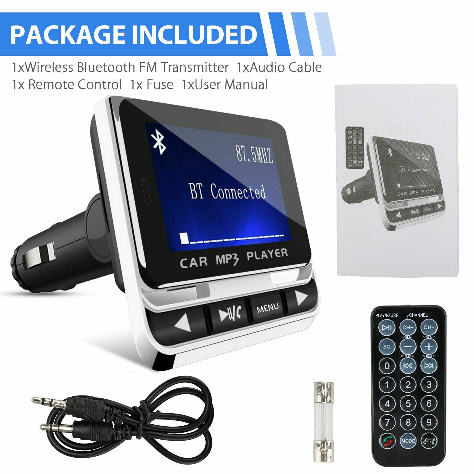 Car Wireless Bluetooth FM Transmitter Aux USB Charger Hands-Free Call 1.4 inch