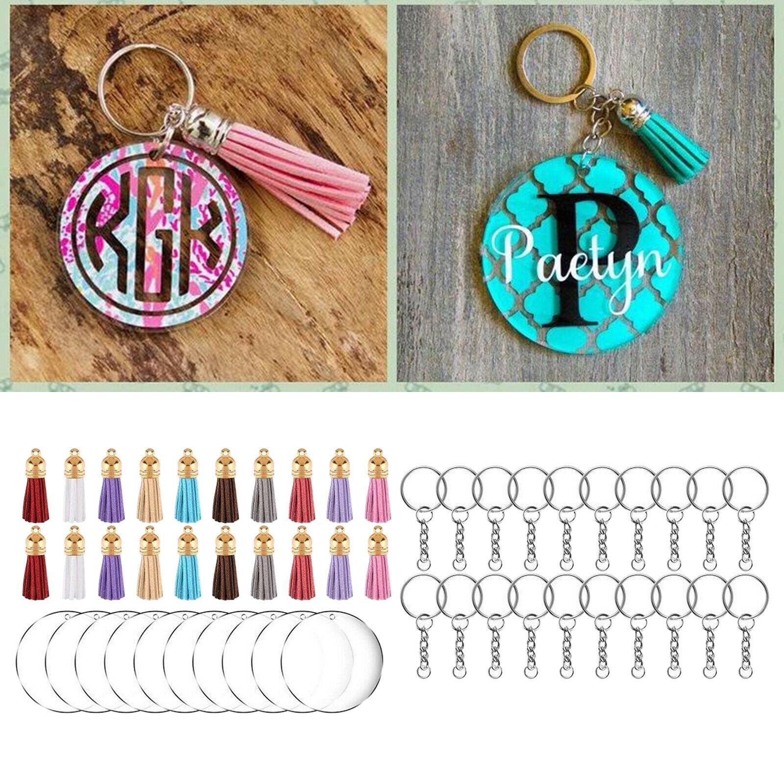90Pcs Clear Acrylic Circle Discs Keychain Blanks Tassel Pendant Key Ring DIY