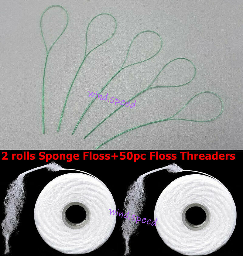 Dental Brackets Implants Crown Cleaner 2 roll Sponge Floss +50pcs Wire Threaders