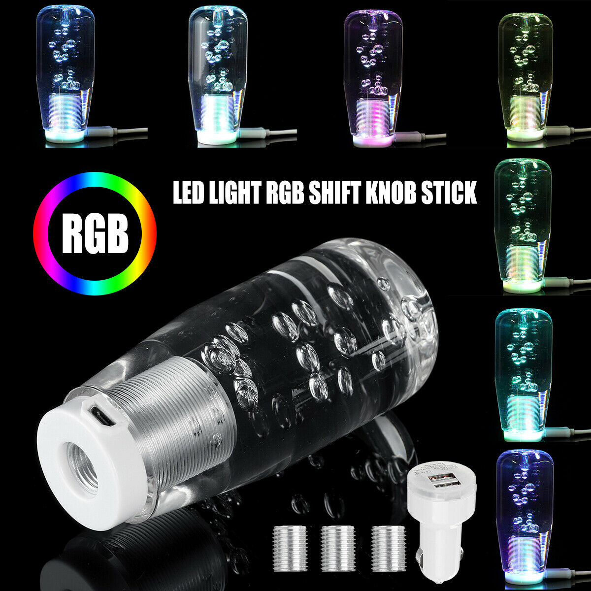 LED Light RGB Shift Knob Stick Crystal Transparent Bubble Gear Shifter 10cm  â—