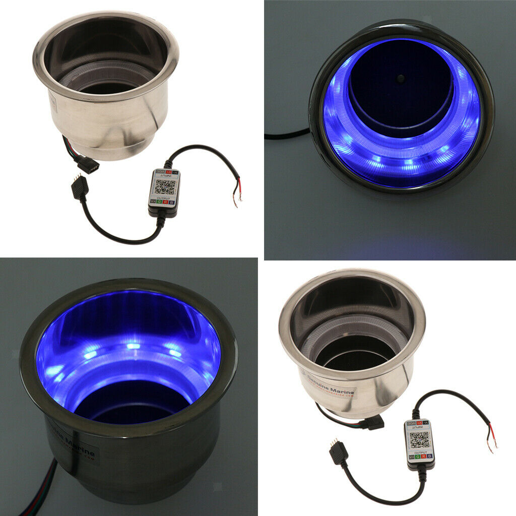 2pc 3LED Stainless Steel Cup Drink Holder w/ Drain LED Marine Boat Rv Camper