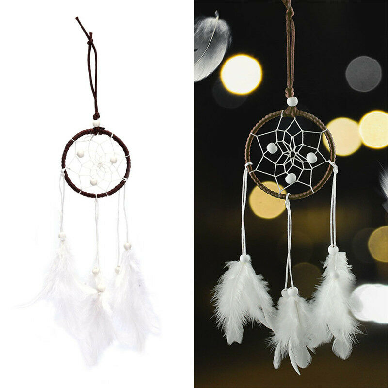 Dream Catcher With White Feather Beads Wall Hanging Decor Craft Car Ornam.l8