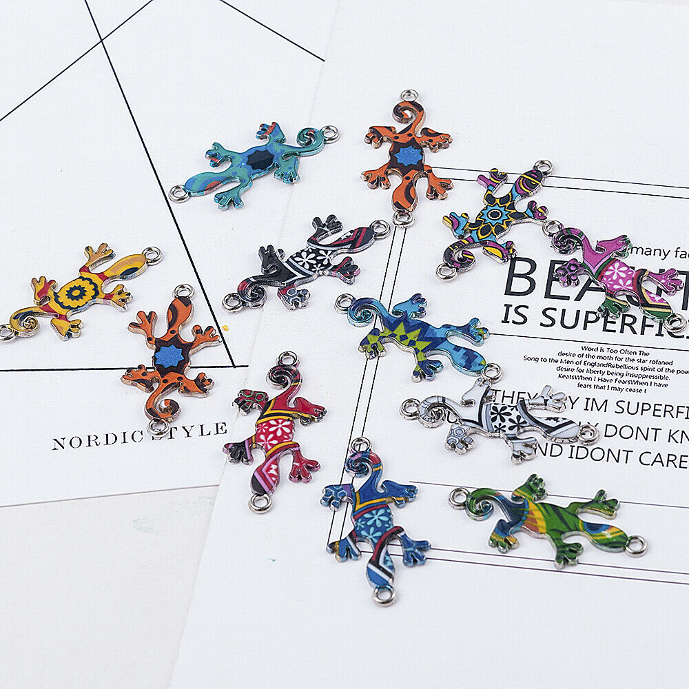 10pcs Mixed Color Enamel Gecko Connectors Charm Pendant Fit DIY Bracelet Making