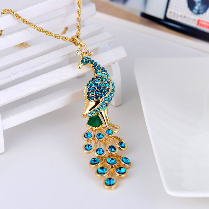 Blue Colorful Crystal Rhinestone Big Peacock Animal Pendant Necklace 2019