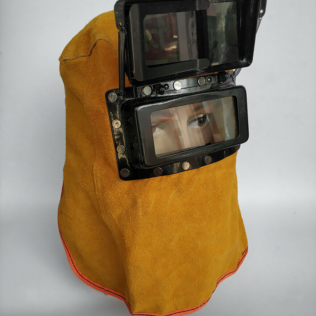 Welding helmet, hood, eyeglass lens, leather double layer, strong light