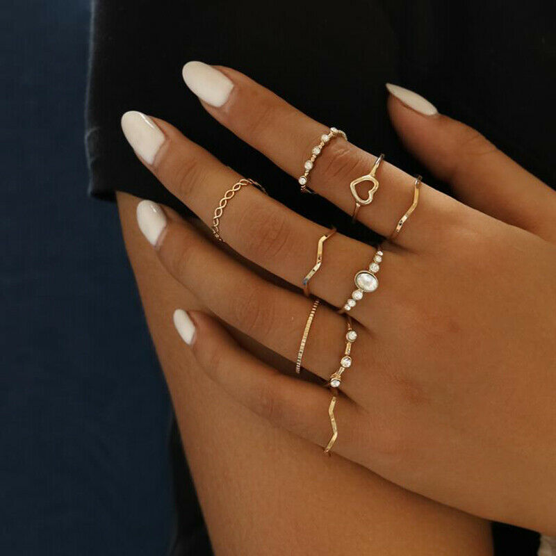 9Pcs/Set Geometric Crystal Knuckle Rings Joint Finger Tip Rings Women JewelrH Rf