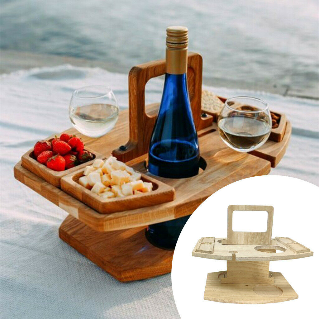Wooden Outdoor Picnic Table with Glass Holder, Wine Bottle Holder Rack, Portable