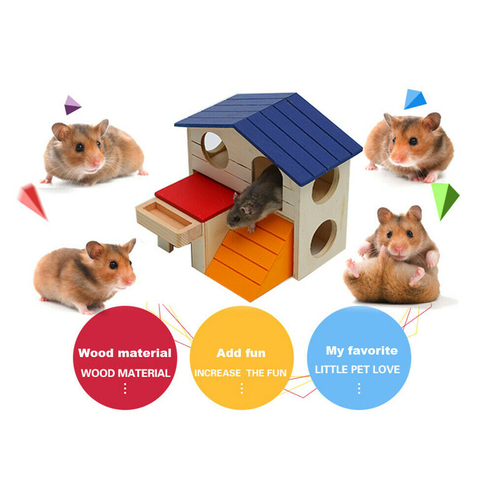 Cute Hamster Double Layer Cabin Wooden Small Animal Climbing Hideout Nest @