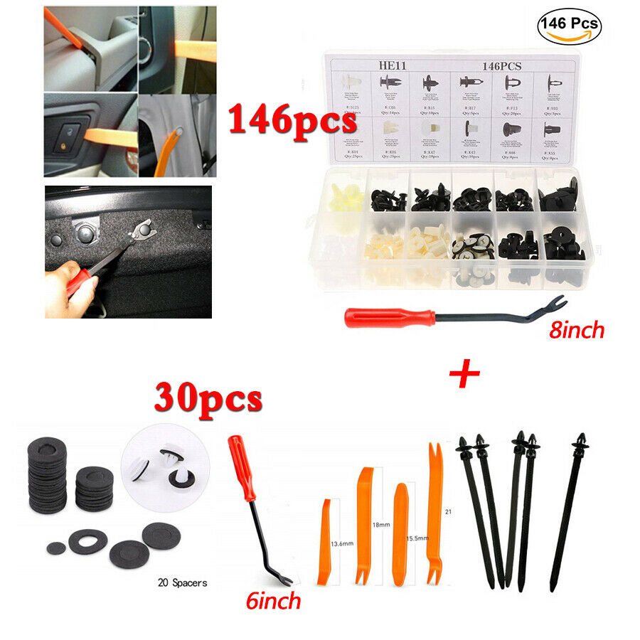 146x Plastic Rivets Fastener Fixed Clips w/30x Removal Tool For Car Fender Panel