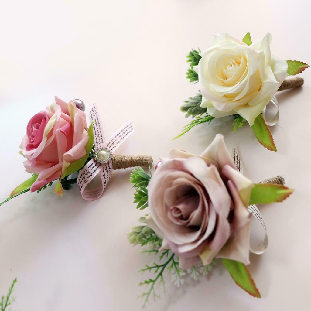 2Pcs Silk Boutonniere Corsage Wrist Corsage Groom Man Flowers Accessories