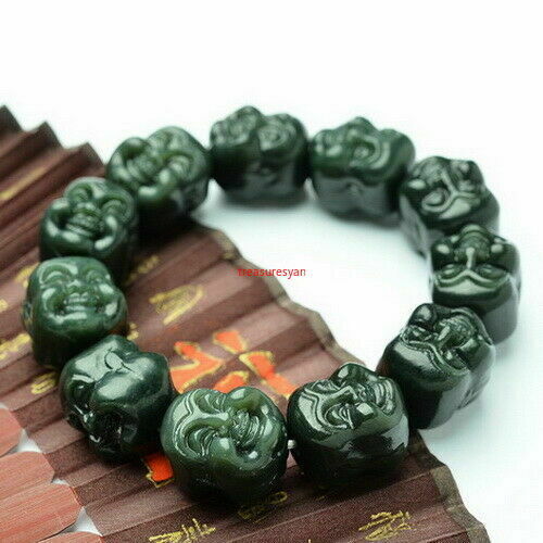 Certified Natural Hetian Dark Green Jade Happy Buddha Head Bead Bangle Bracelet