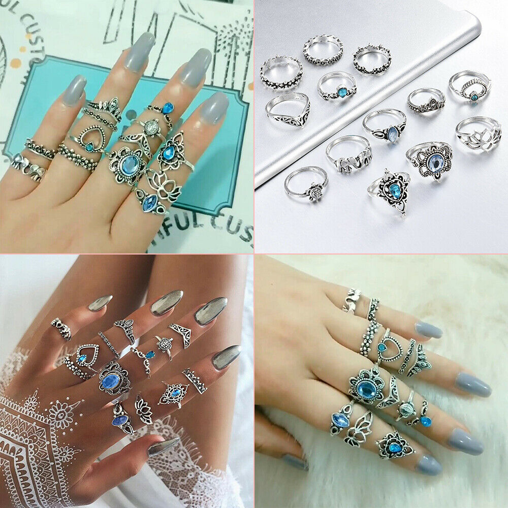 Women 13pcs Blue Crystal Turtle Finger Rings Knuckle Midi Ring Sets Boho Jewelry