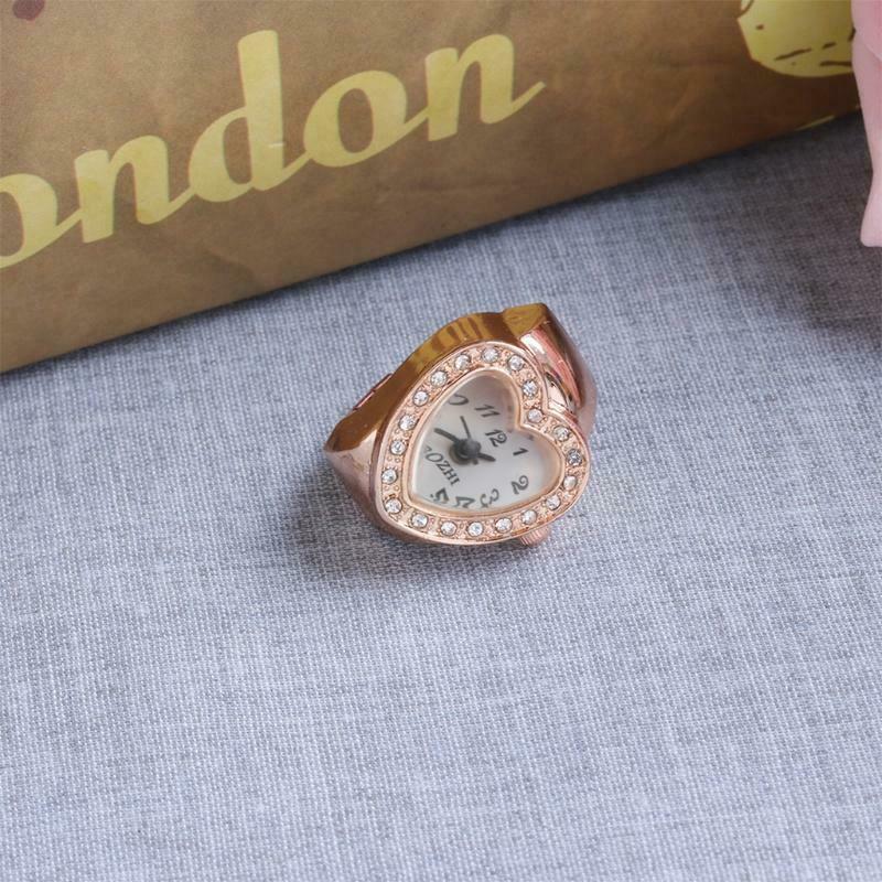Copper Tone Heart Shape Housing Elastic Band Finger Ring Watch For Women