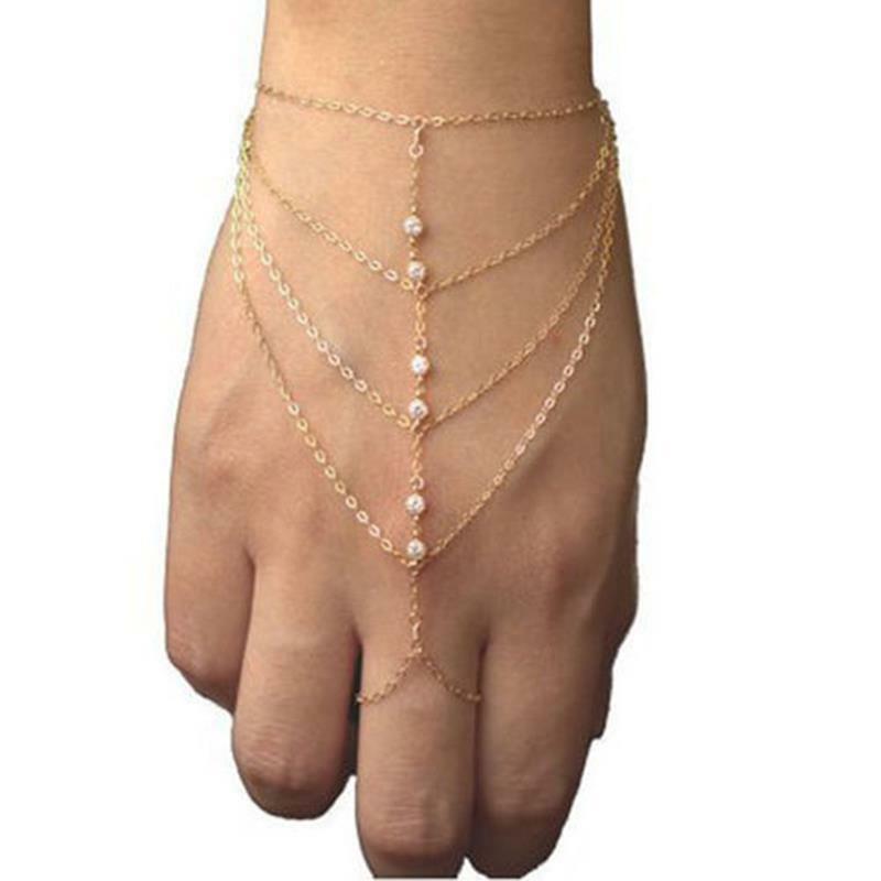 Women Cuff Bracelet Hand Harness Punk Multilayer Tassels Chain Link Rin.l8
