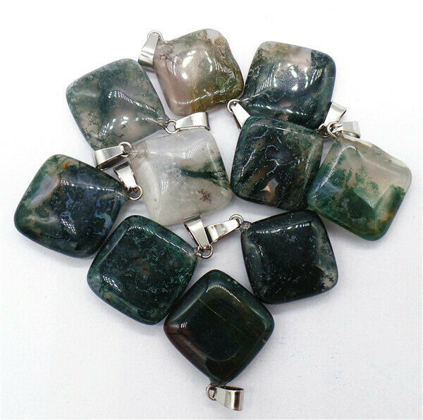 100Pcs 25x6mm Wholesale Natural Green Moss Agate Rhombus Pendant Bead DIY HH8230