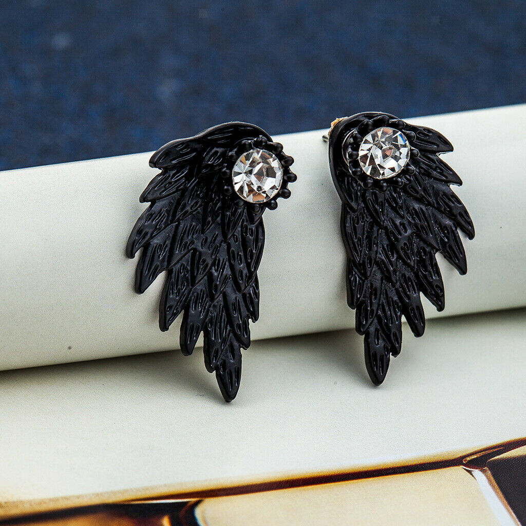 Punk Women's Cool Jewelry Angel Wings Rhinestone Drop Stud Earrings Black