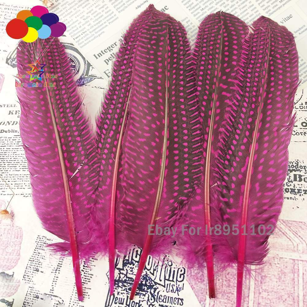 Turkey rose red 100pcs Unique Dyed Polka Dot Guinea Fowl Wing Quill Feathers