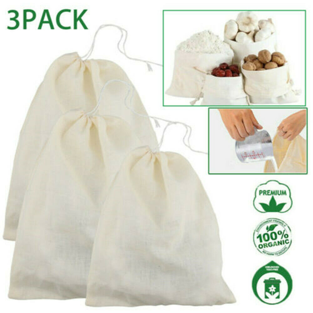 3Pcs Cotton Nut Milk Bags Reusable Food Strainer Brew Coffee Juice Cheese Cloth~