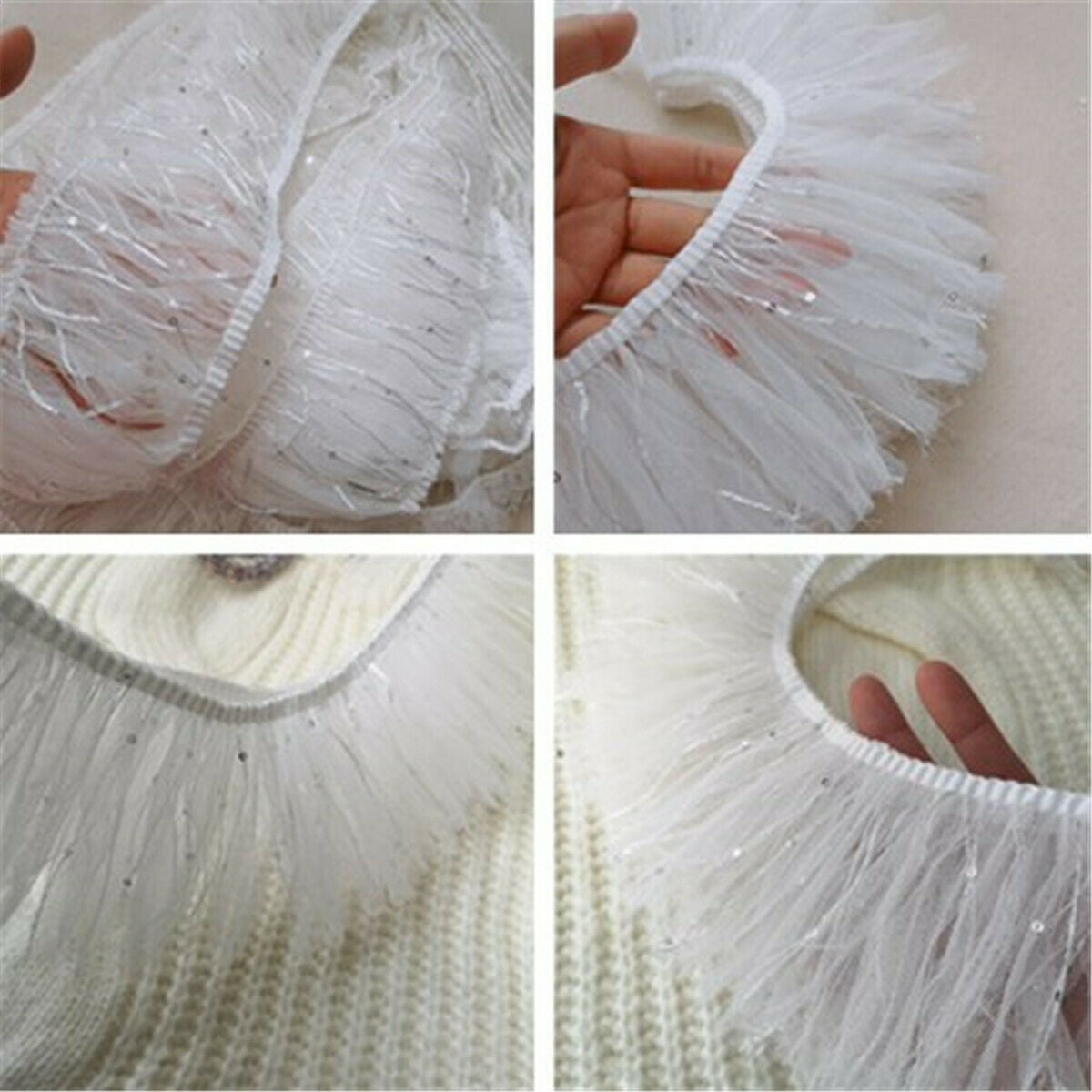 50CM Bling White Sequins Tassel Lace Trims Hem Sewing Ribbon Craft 3.54"Width