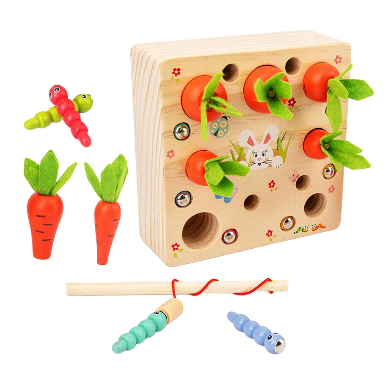 Wooden Montessori Toys, Carrots Harvest Shape Size Sorting Worm Catching