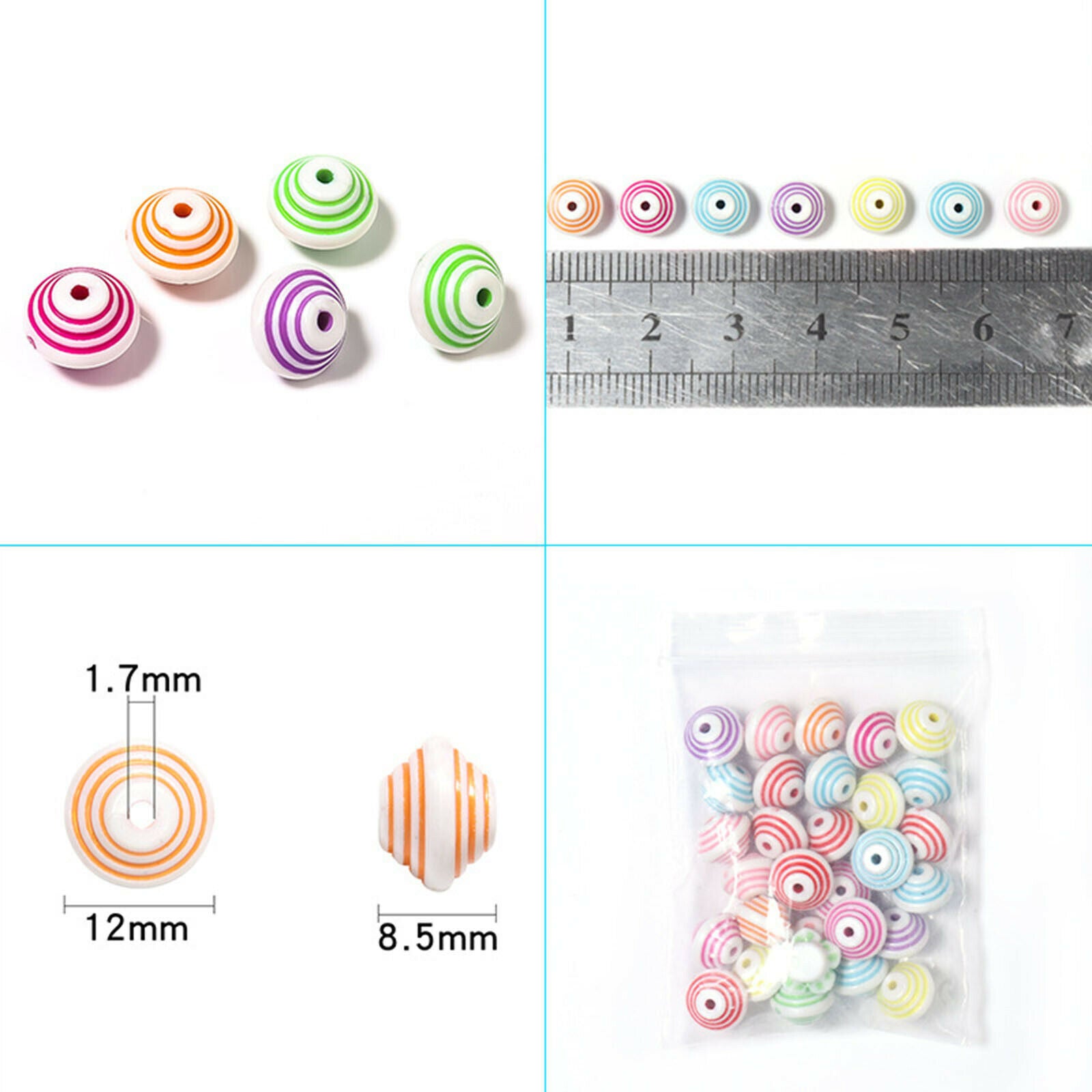 300x Colorful Beads 12mm Round Stripe Spacer Beads DIY Earring Craft Making