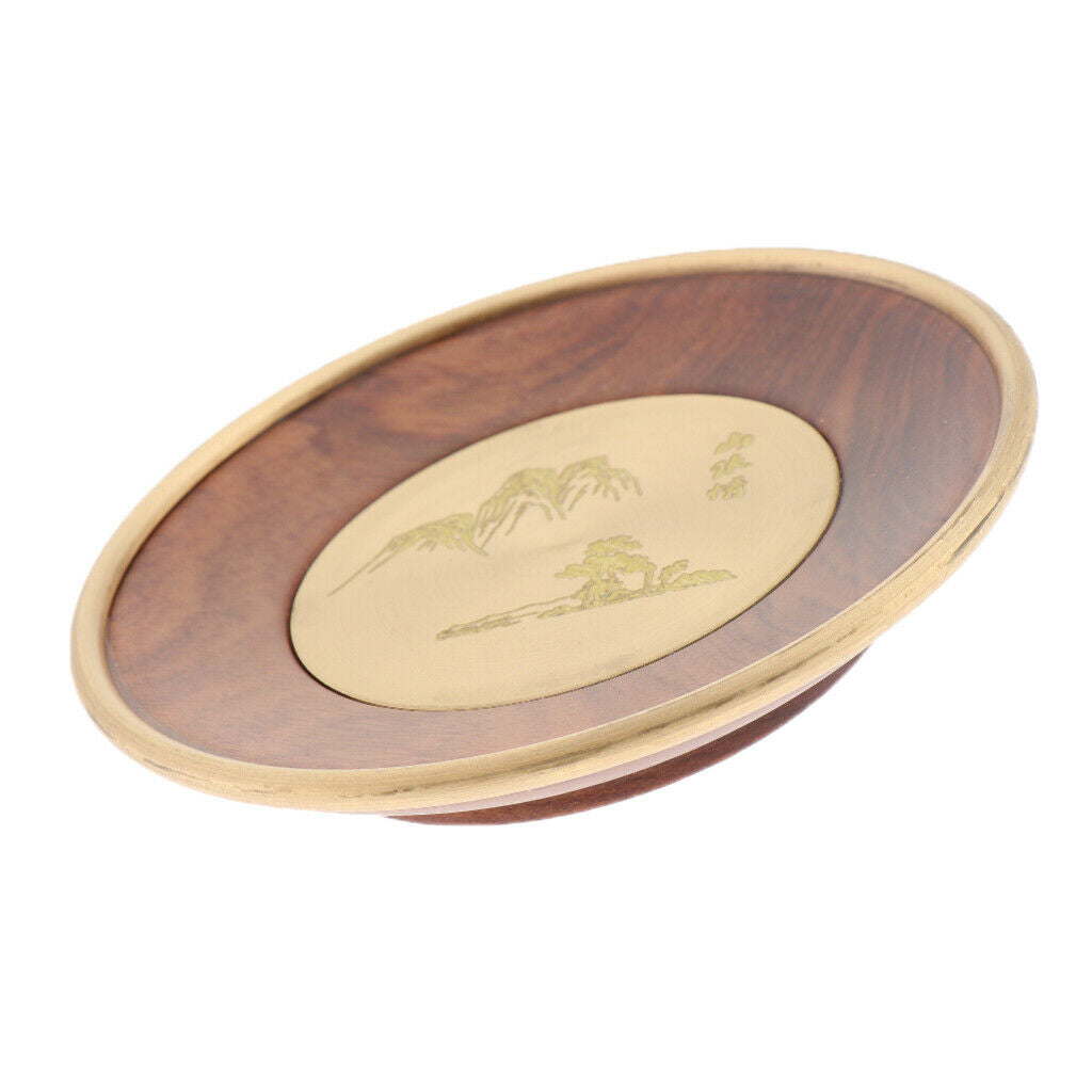 2 Pieces Wooden Tea Mat Copper Wrapped Edging Scenery Pattern