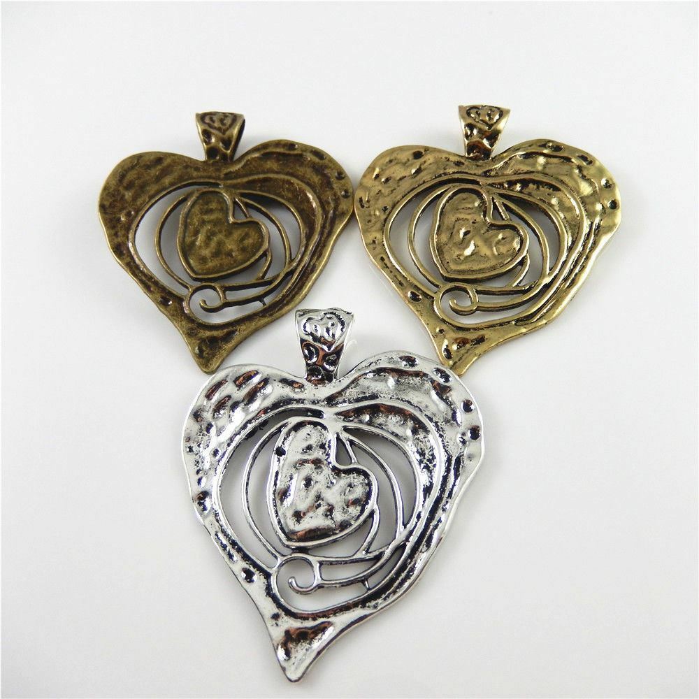Lot of 3 Retro Metal Big Heart Pendant Charm Drop Dangle Alloy For Craft 70*64mm