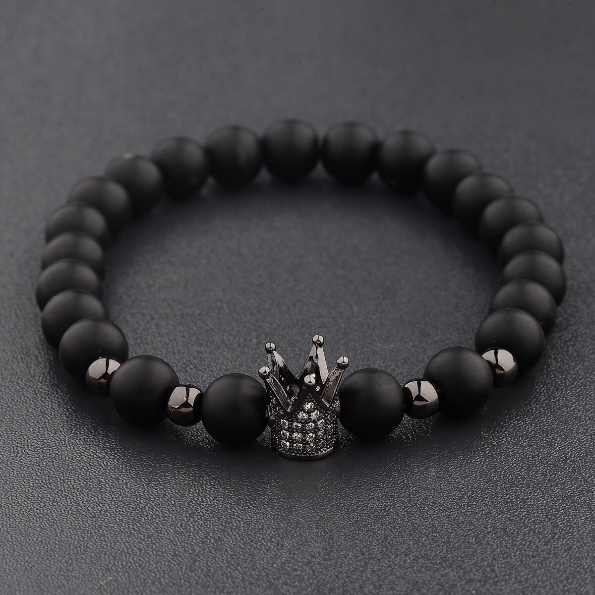 8MM Crown Natural Stone Matte Black Charm Men's CZ Copper Bead Chuck Bracelet